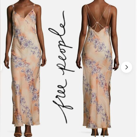 INTIMATELY FREE PEOPLE SIZE XS CASSIE GIRL PEACH PURPLE FLORAL SLIP MAXI DRESS - Picture 1 of 10